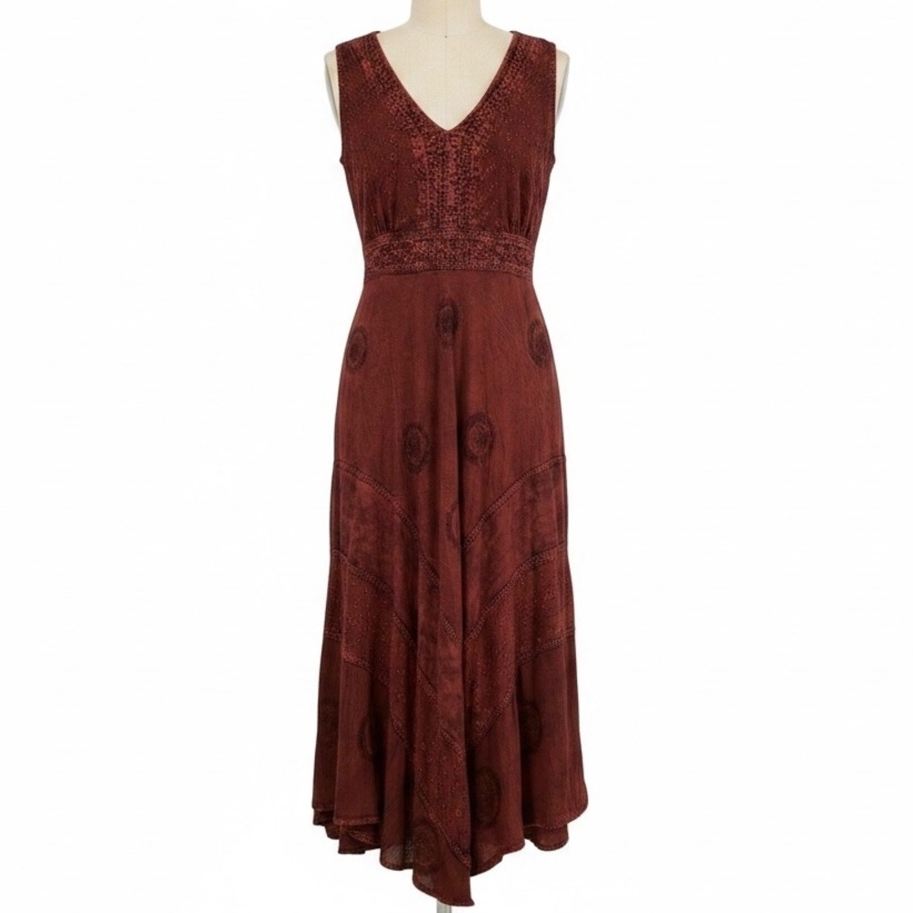 Agan Traders Boho Embroidered Sharkbite Midi Dress Rust Maroon XL/1X